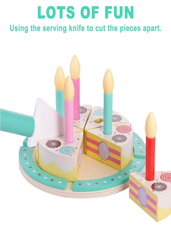 Pithfor Birthday Cake Cutting Toys, Wooden Play Food Set for Kids Toddlers, Pretend Play Kitchen Toys for Boys Girls - Image 5